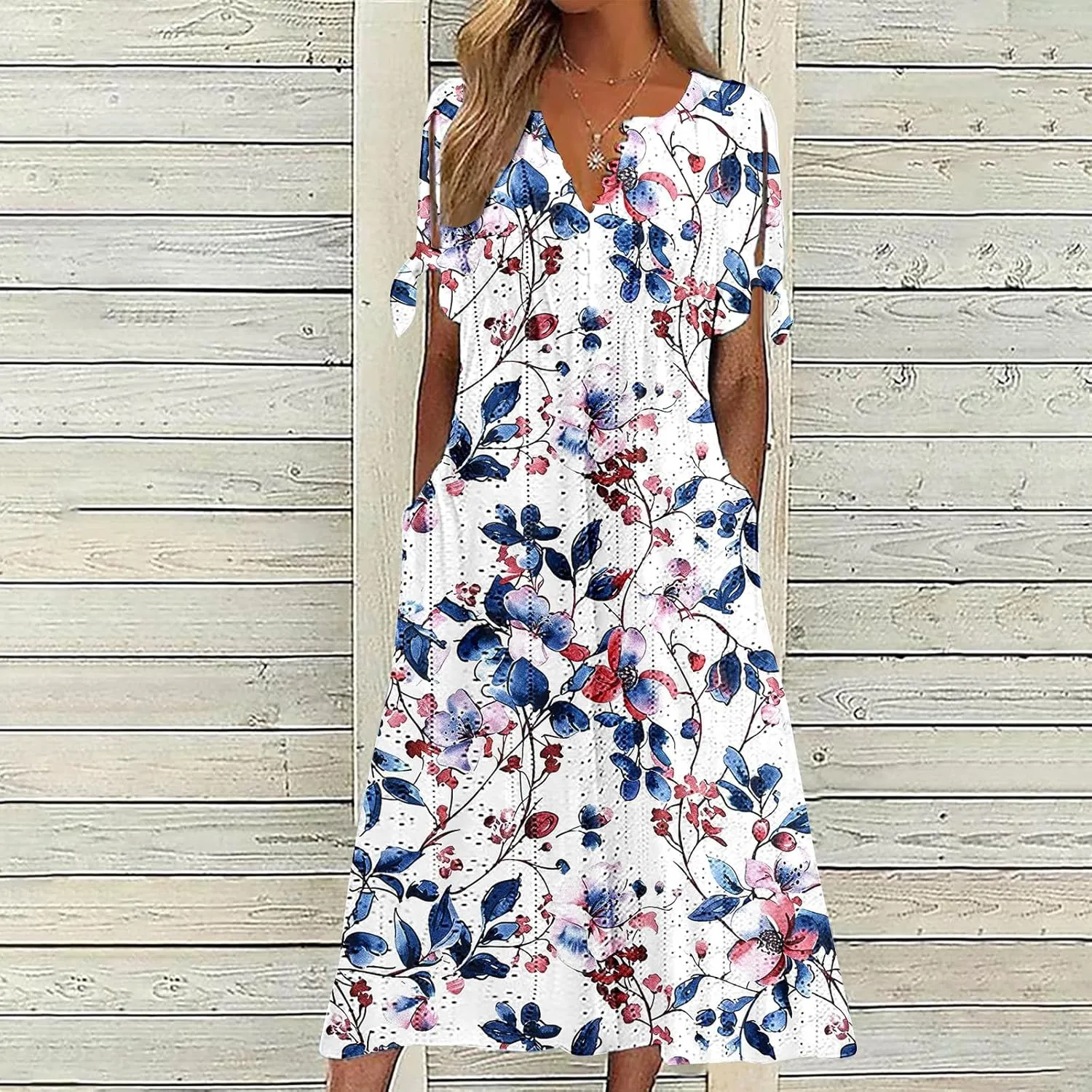 Dresses for Women Boho Eyelet Button V Neck Tie Knot Short Sleeve Dress Flowy Beach Vacation Midi Dress with Pocket