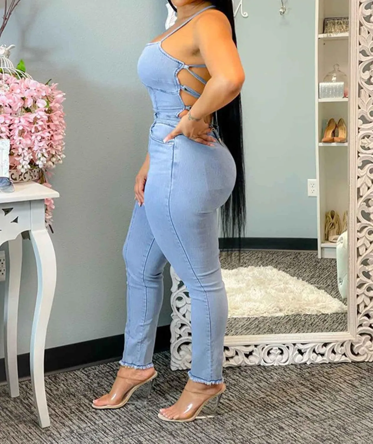 ECDAHICC Women’s Sexy Short Sleeve Night Club Denim Jumpsuits Rompers Mini Shorts One Piece Stretchy Rompers with Pocket