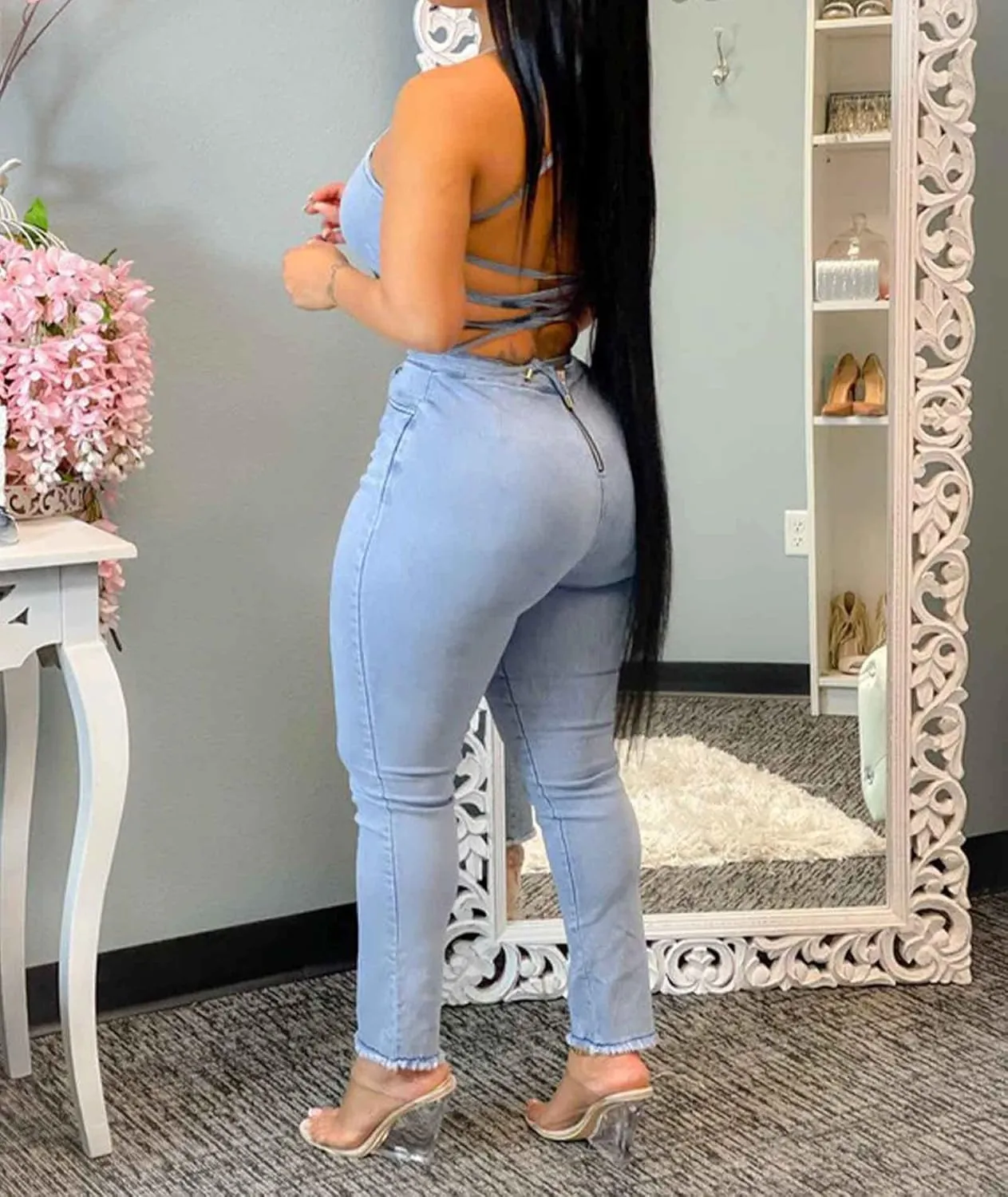 ECDAHICC Women’s Sexy Short Sleeve Night Club Denim Jumpsuits Rompers Mini Shorts One Piece Stretchy Rompers with Pocket