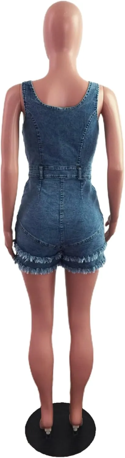 ECDAHICC Women’s Sexy Short Sleeve Night Club Denim Jumpsuits Rompers Mini Shorts One Piece Stretchy Rompers with Pocket