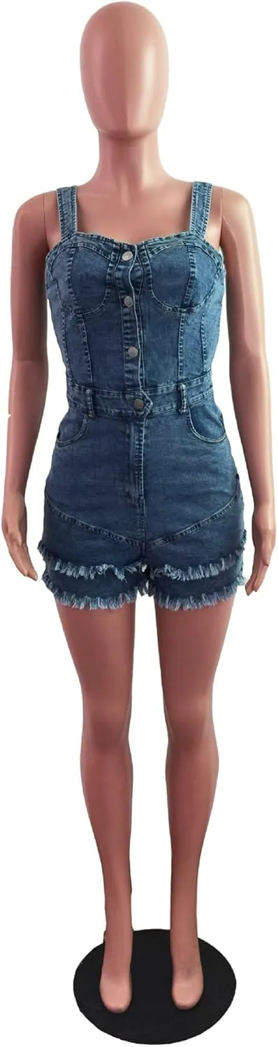 ECDAHICC Women’s Sexy Short Sleeve Night Club Denim Jumpsuits Rompers Mini Shorts One Piece Stretchy Rompers with Pocket