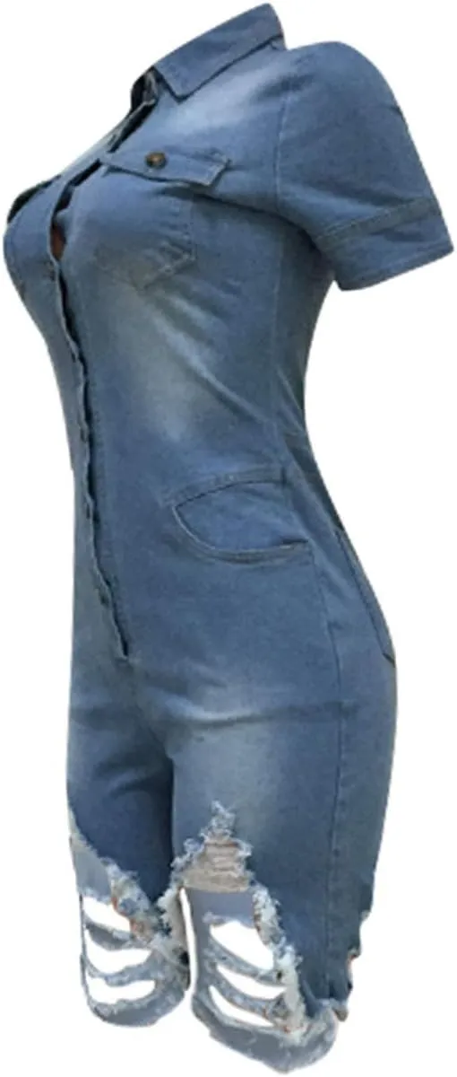 ECDAHICC Women’s Sexy Short Sleeve Night Club Denim Jumpsuits Rompers Mini Shorts One Piece Stretchy Rompers with Pocket