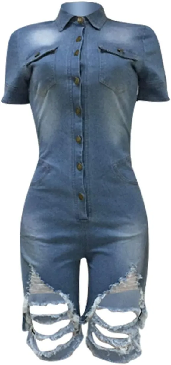 ECDAHICC Women’s Sexy Short Sleeve Night Club Denim Jumpsuits Rompers Mini Shorts One Piece Stretchy Rompers with Pocket