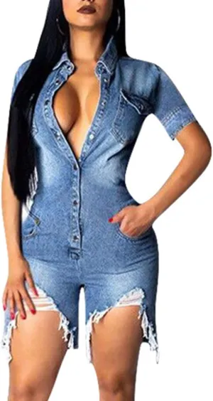 ECDAHICC Women’s Sexy Short Sleeve Night Club Denim Jumpsuits Rompers Mini Shorts One Piece Stretchy Rompers with Pocket