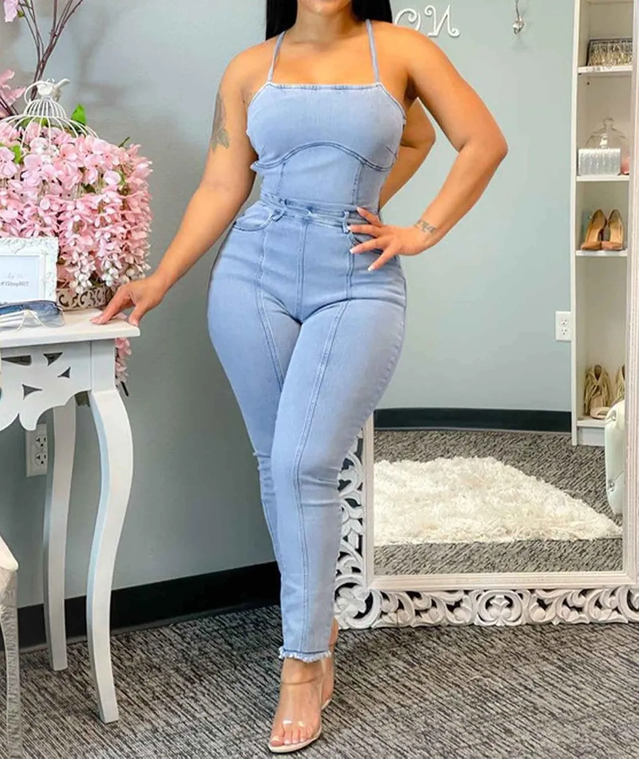ECDAHICC Women’s Sexy Short Sleeve Night Club Denim Jumpsuits Rompers Mini Shorts One Piece Stretchy Rompers with Pocket