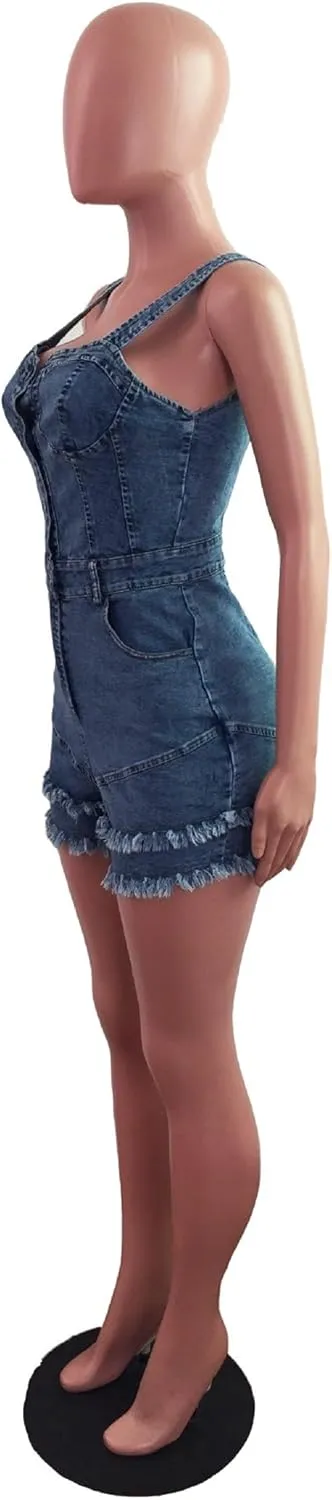 ECDAHICC Women’s Sexy Short Sleeve Night Club Denim Jumpsuits Rompers Mini Shorts One Piece Stretchy Rompers with Pocket