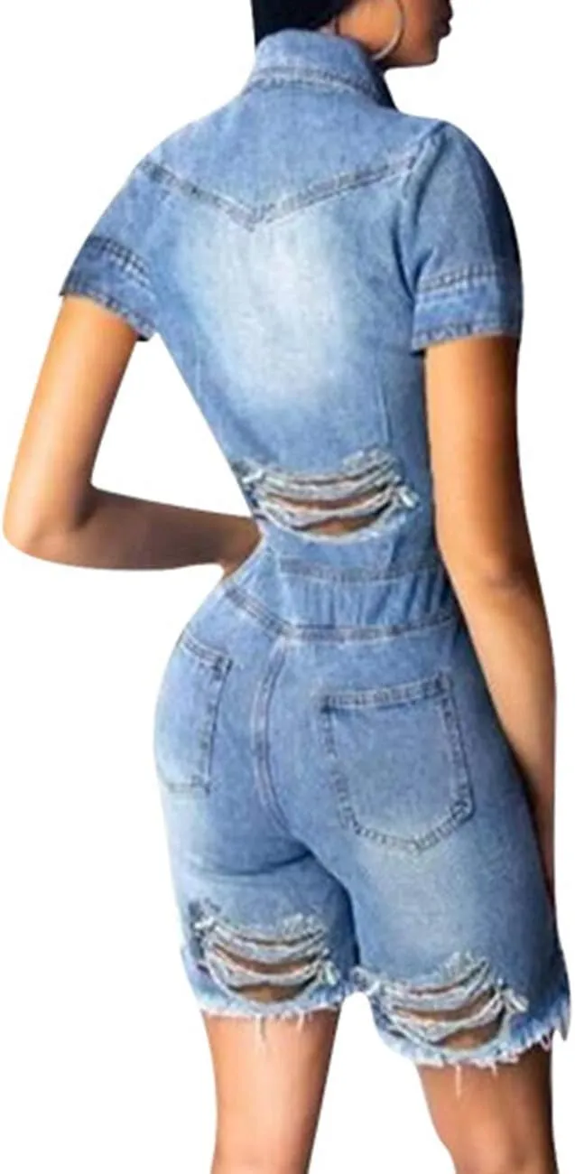 ECDAHICC Women’s Sexy Short Sleeve Night Club Denim Jumpsuits Rompers Mini Shorts One Piece Stretchy Rompers with Pocket