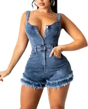 ECDAHICC Women’s Sexy Short Sleeve Night Club Denim Jumpsuits Rompers Mini Shorts One Piece Stretchy Rompers with Pocket