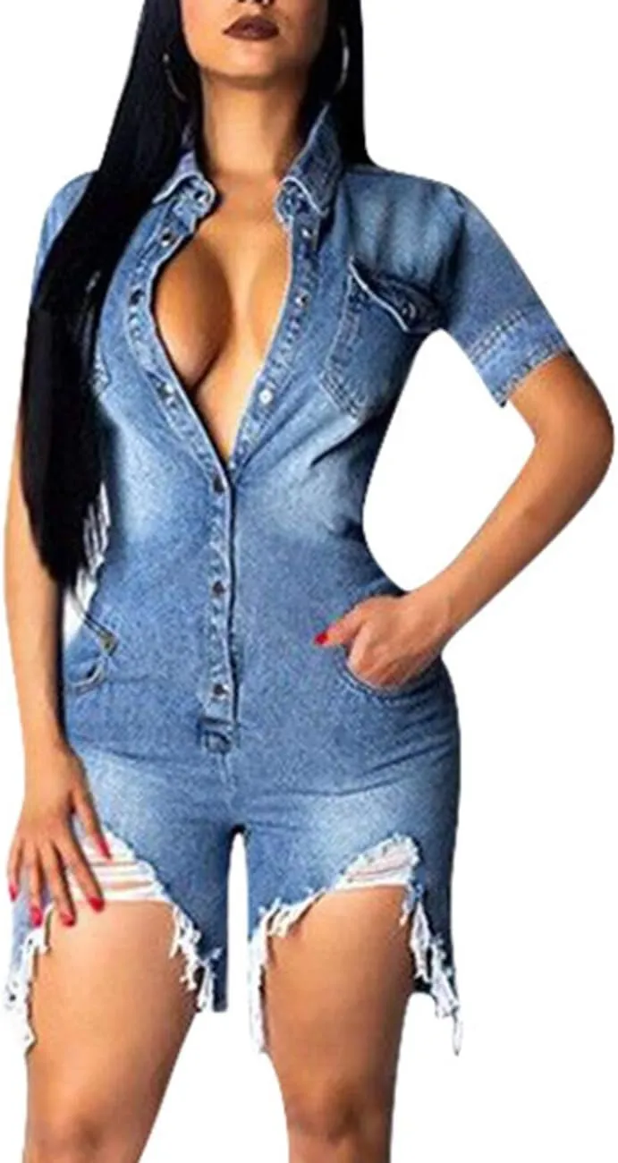 ECDAHICC Women’s Sexy Short Sleeve Night Club Denim Jumpsuits Rompers Mini Shorts One Piece Stretchy Rompers with Pocket