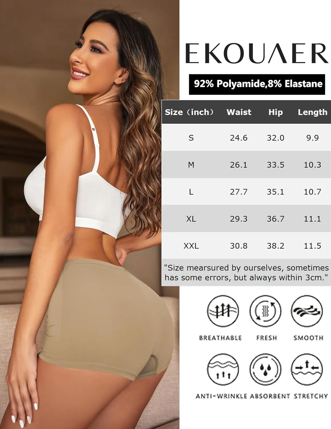 Ekouaer Boyshort Panties Women's Soft Underwear Briefs Invisible Hipster 3 Pack Seamless Boxer Brief Panties S-XXL
