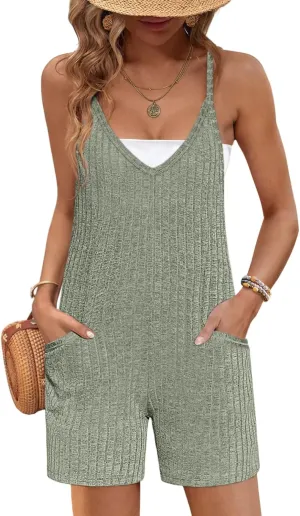 Ekouaer Rompers for Women Summer Casual Sleeveless Spaghetti Strap Jumpsuit Ribbed Shorts Overalls with Pockets
