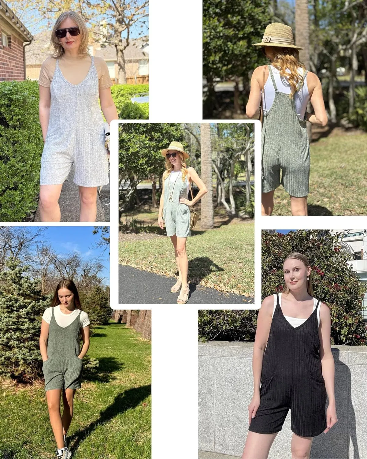 Ekouaer Rompers for Women Summer Casual Sleeveless Spaghetti Strap Jumpsuit Ribbed Shorts Overalls with Pockets