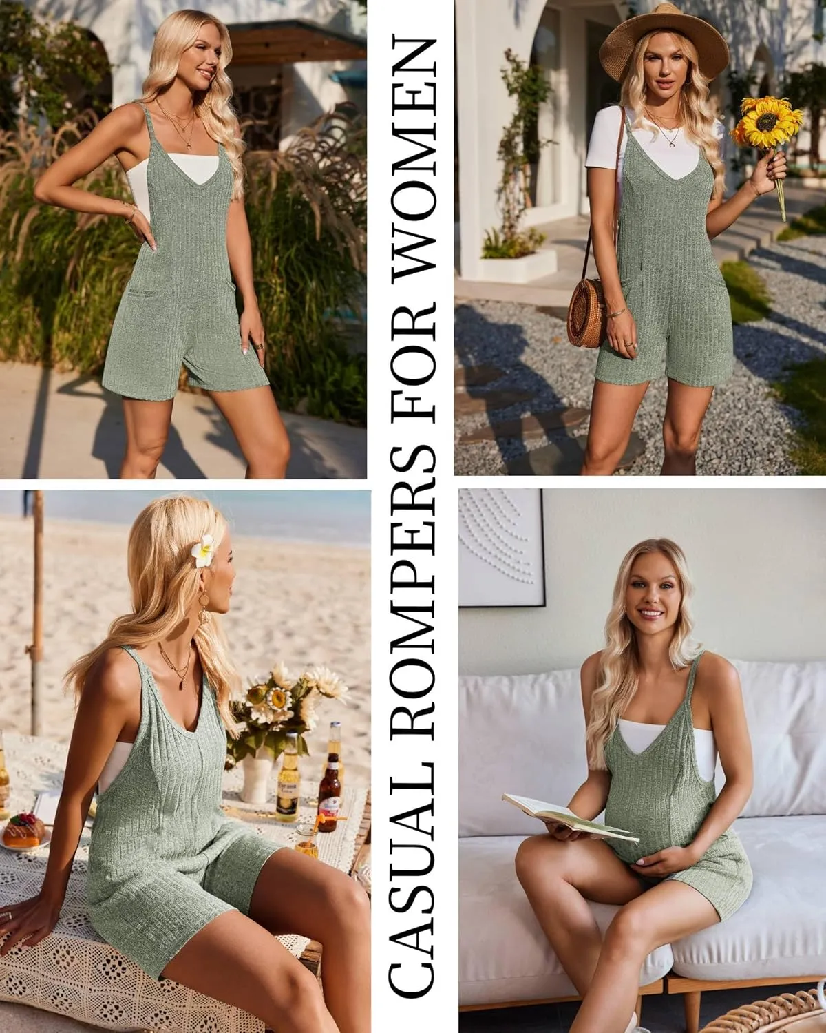 Ekouaer Rompers for Women Summer Casual Sleeveless Spaghetti Strap Jumpsuit Ribbed Shorts Overalls with Pockets