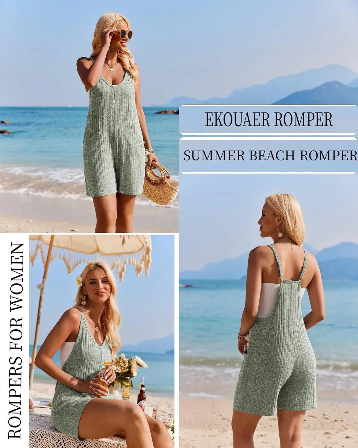 Ekouaer Rompers for Women Summer Casual Sleeveless Spaghetti Strap Jumpsuit Ribbed Shorts Overalls with Pockets