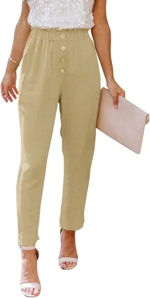 Embroidered Tops for Women Women's Exposed Button High Waisted Solid Casual Pants Cotton Linen Lightweight Slim Fit Straight Leg Paperbag Trousers(Khaki,Large)