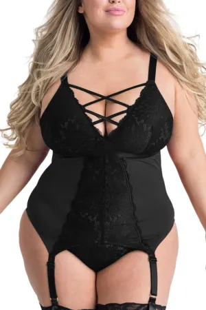 EVELUST Plus Size Lingerie for Women Sexy Curvy Suspender Garter Teddy Set Lace Thong Backless Bra 2 Piece Corset Babydoll