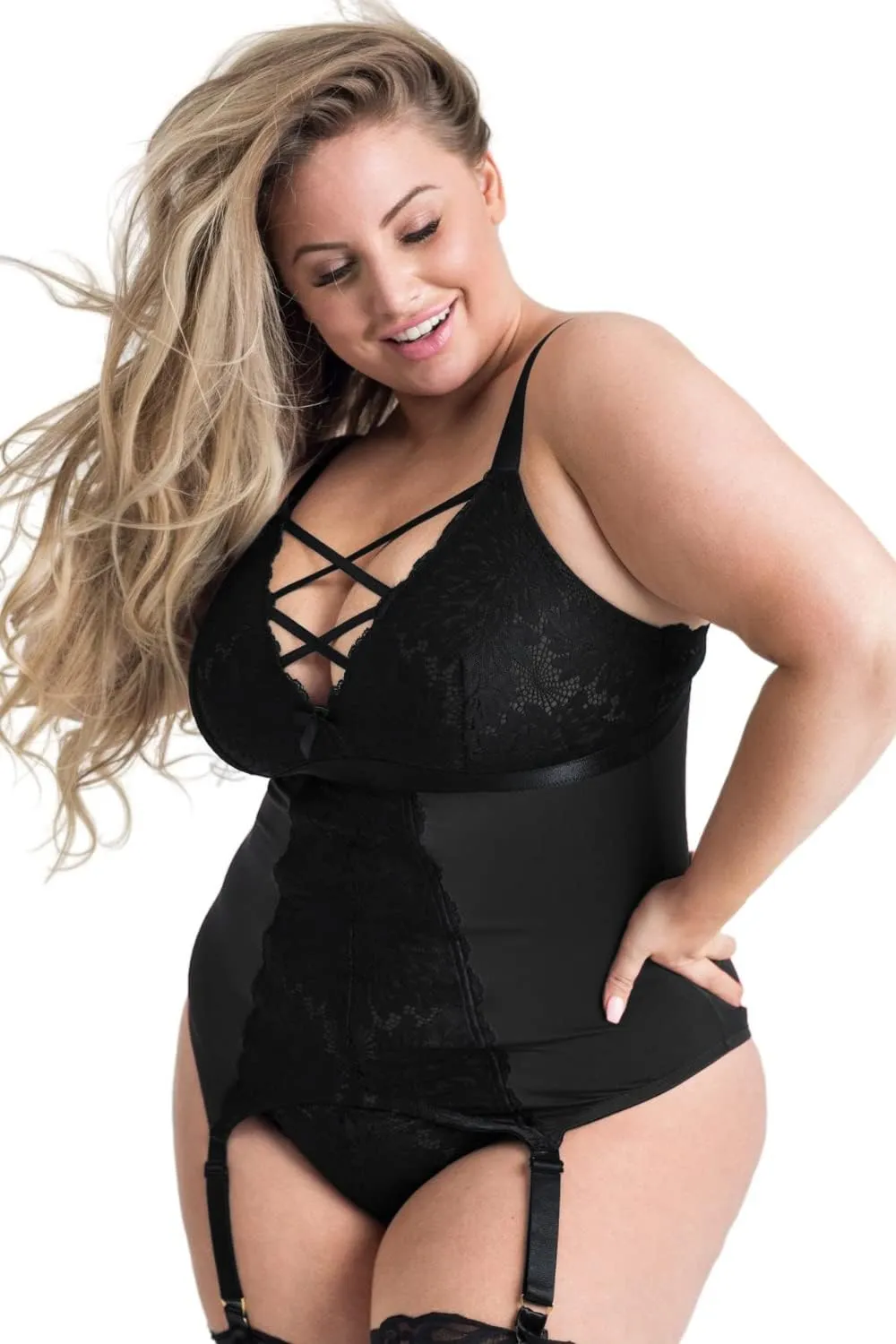 EVELUST Plus Size Lingerie for Women Sexy Curvy Suspender Garter Teddy Set Lace Thong Backless Bra 2 Piece Corset Babydoll