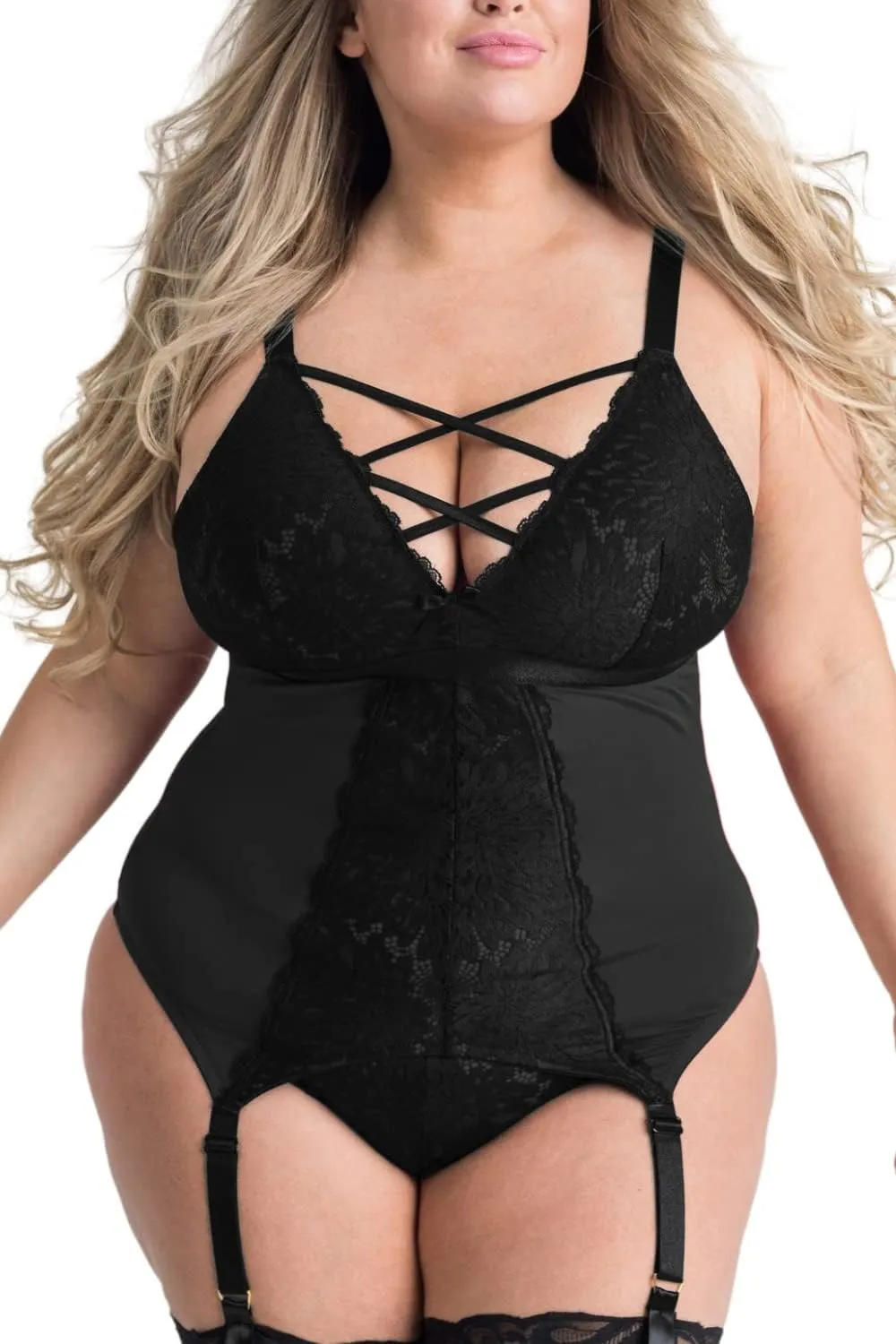 EVELUST Plus Size Lingerie for Women Sexy Curvy Suspender Garter Teddy Set Lace Thong Backless Bra 2 Piece Corset Babydoll