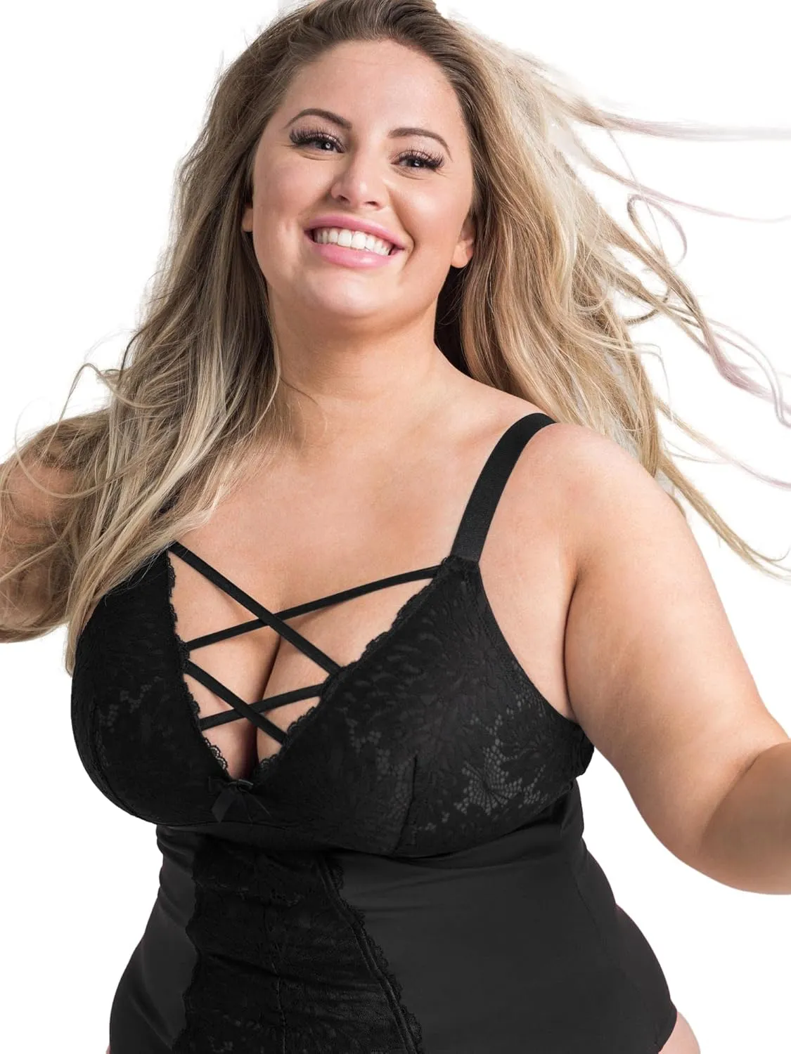 EVELUST Plus Size Lingerie for Women Sexy Curvy Suspender Garter Teddy Set Lace Thong Backless Bra 2 Piece Corset Babydoll