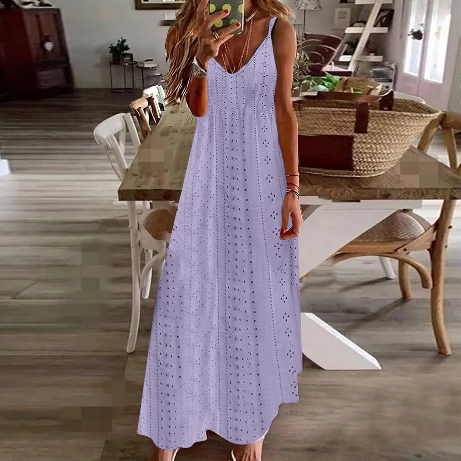 Eyelet Dress for Women 2024 Casual Sleeveless Long Maxi Dress Trendy Sexy V Neck Slip Dress Summer Vacation Outfits