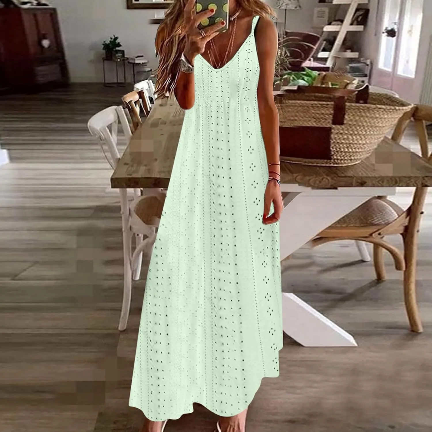 Eyelet Dress for Women 2024 Casual Sleeveless Long Maxi Dress Trendy Sexy V Neck Slip Dress Summer Vacation Outfits