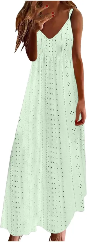 Eyelet Dress for Women 2024 Casual Sleeveless Long Maxi Dress Trendy Sexy V Neck Slip Dress Summer Vacation Outfits