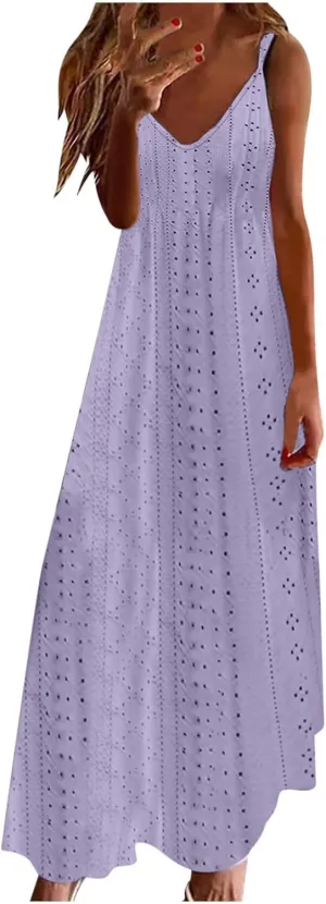 Eyelet Dress for Women 2024 Casual Sleeveless Long Maxi Dress Trendy Sexy V Neck Slip Dress Summer Vacation Outfits