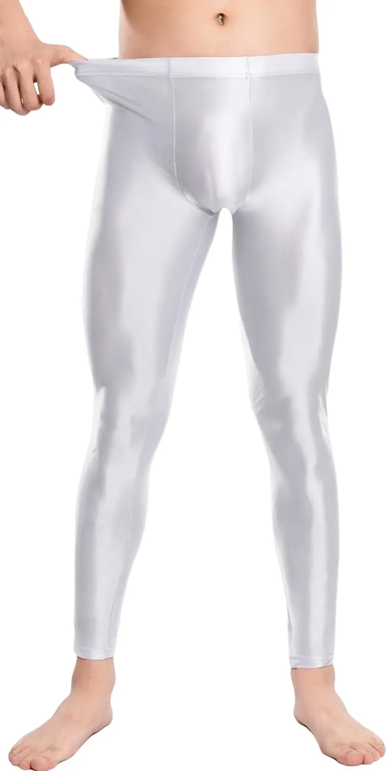 FEOYA Mens Oil Shiny Glossy Compression Pants Stretchy Nylon Smooth Leggings Tights Pants for Yoga Running Gym Workout