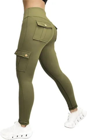Fitness Exercise Skinny Yoga Cargo Pants for Women Multi Pockets Solid Color High Waisted Ankle Length Tights Leggings