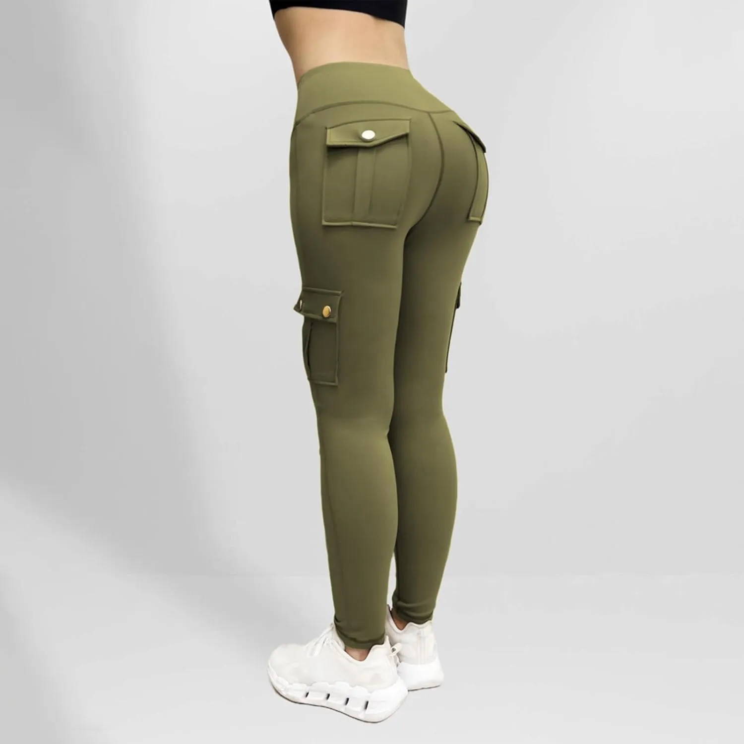 Fitness Exercise Skinny Yoga Cargo Pants for Women Multi Pockets Solid Color High Waisted Ankle Length Tights Leggings