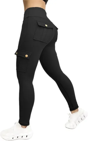 Fitness Exercise Skinny Yoga Cargo Pants for Women Multi Pockets Solid Color High Waisted Ankle Length Tights Leggings