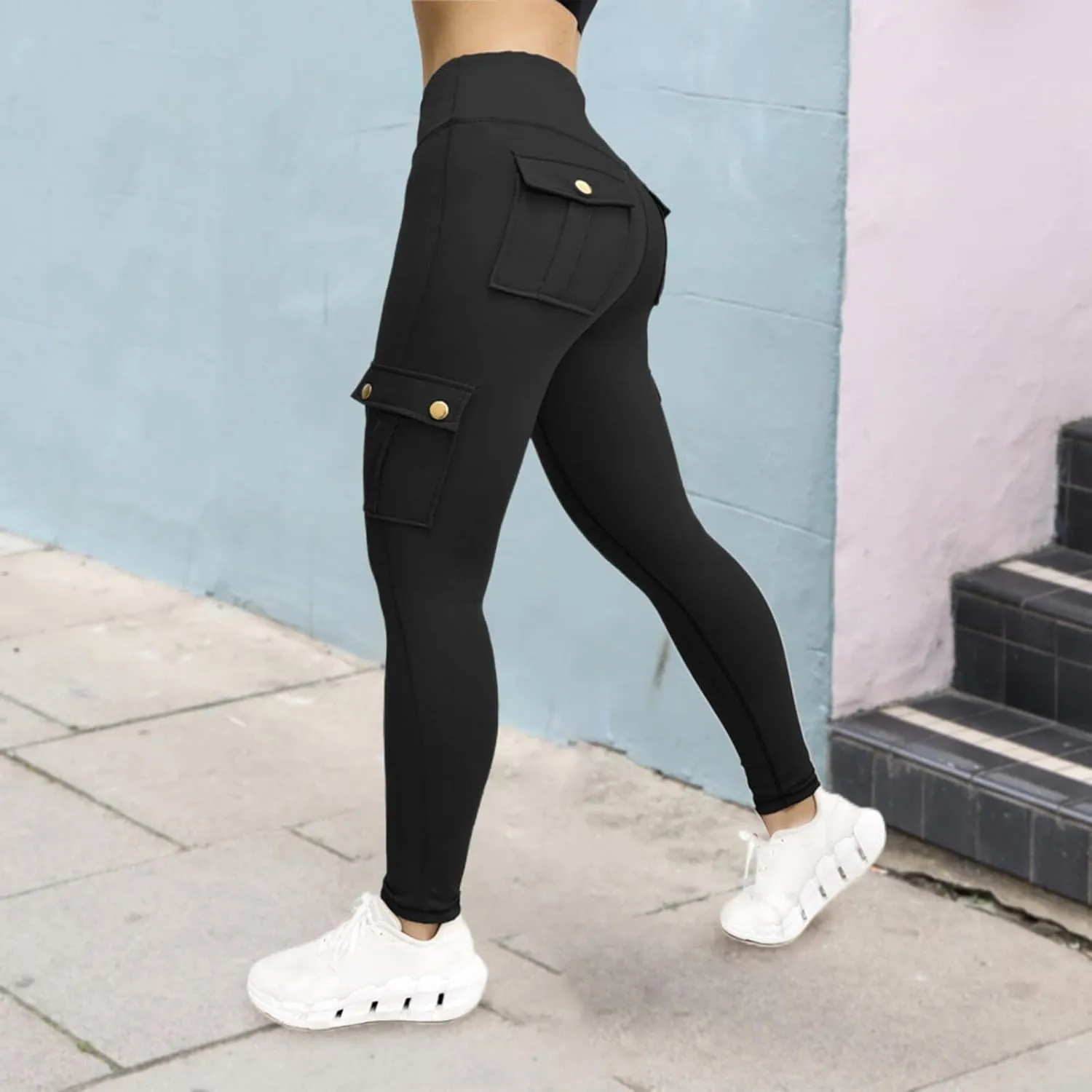Fitness Exercise Skinny Yoga Cargo Pants for Women Multi Pockets Solid Color High Waisted Ankle Length Tights Leggings