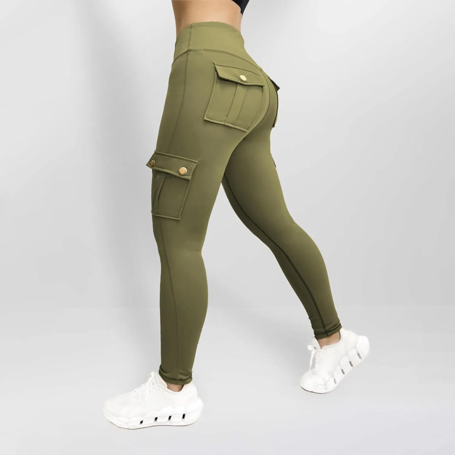 Fitness Exercise Skinny Yoga Cargo Pants for Women Multi Pockets Solid Color High Waisted Ankle Length Tights Leggings