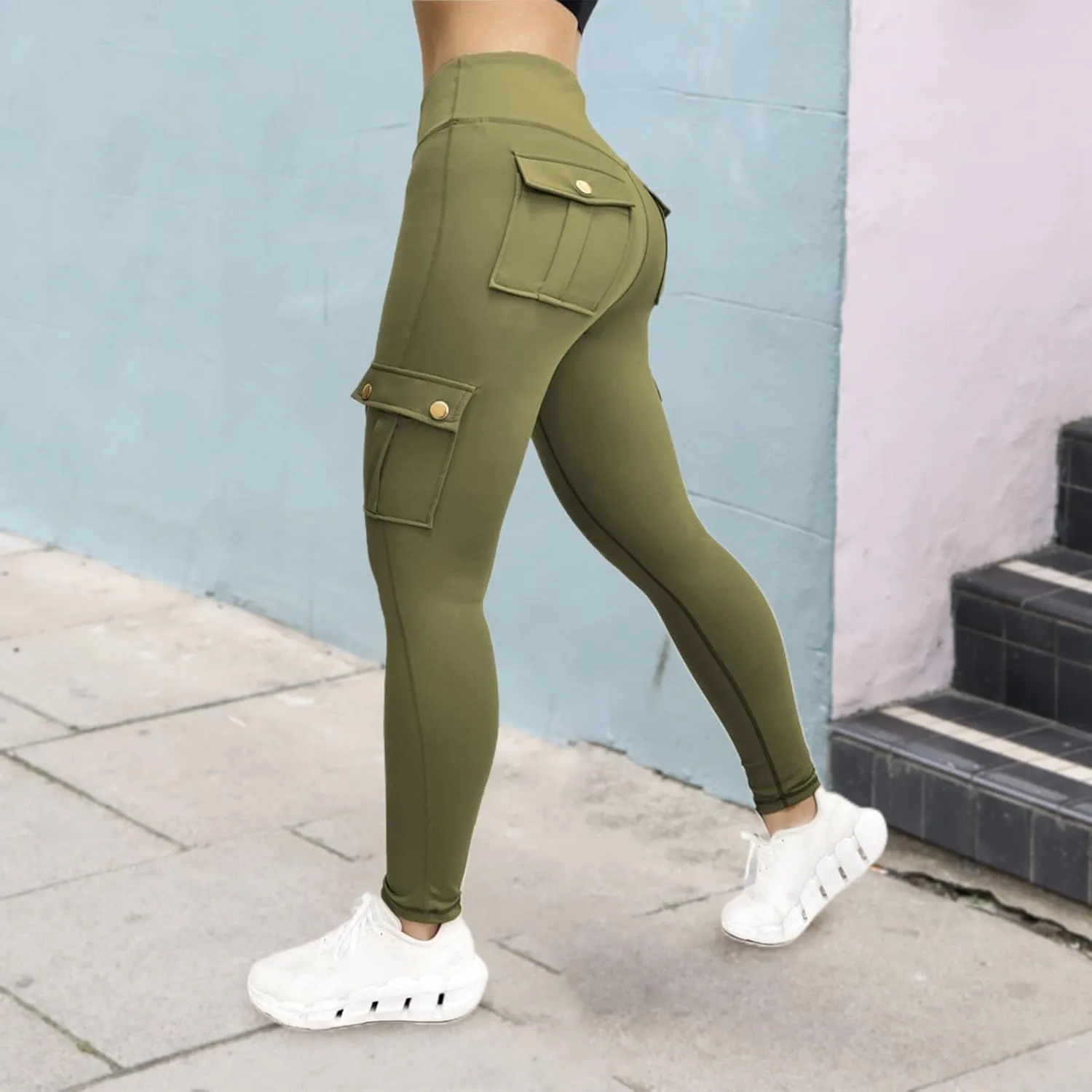Fitness Exercise Skinny Yoga Cargo Pants for Women Multi Pockets Solid Color High Waisted Ankle Length Tights Leggings