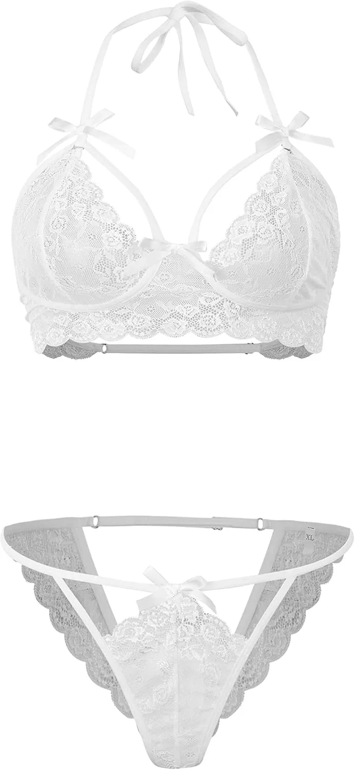 FlatterMe Women's Plus Size Lingerie Set Lace Strappy Halter Bra Underwear Suit