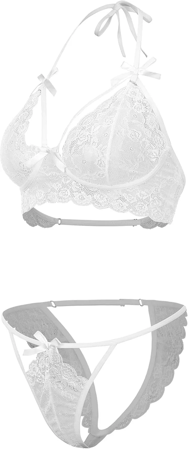 FlatterMe Women's Plus Size Lingerie Set Lace Strappy Halter Bra Underwear Suit