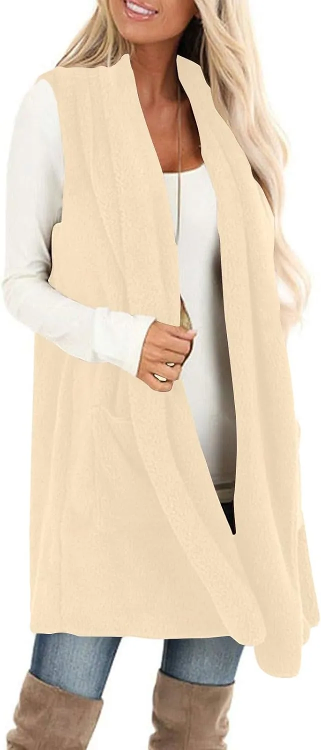 Fleece Vest Women Sherpa Vest Sweater Vests Open Front Cardigan Fuzzy Jacket Winter Sleeveless Jackets with Pockets