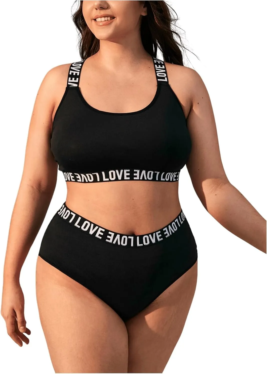 Floerns Women's Plus Size Letter Print Lingerie Seamless Bra and High Waist Panty Sets