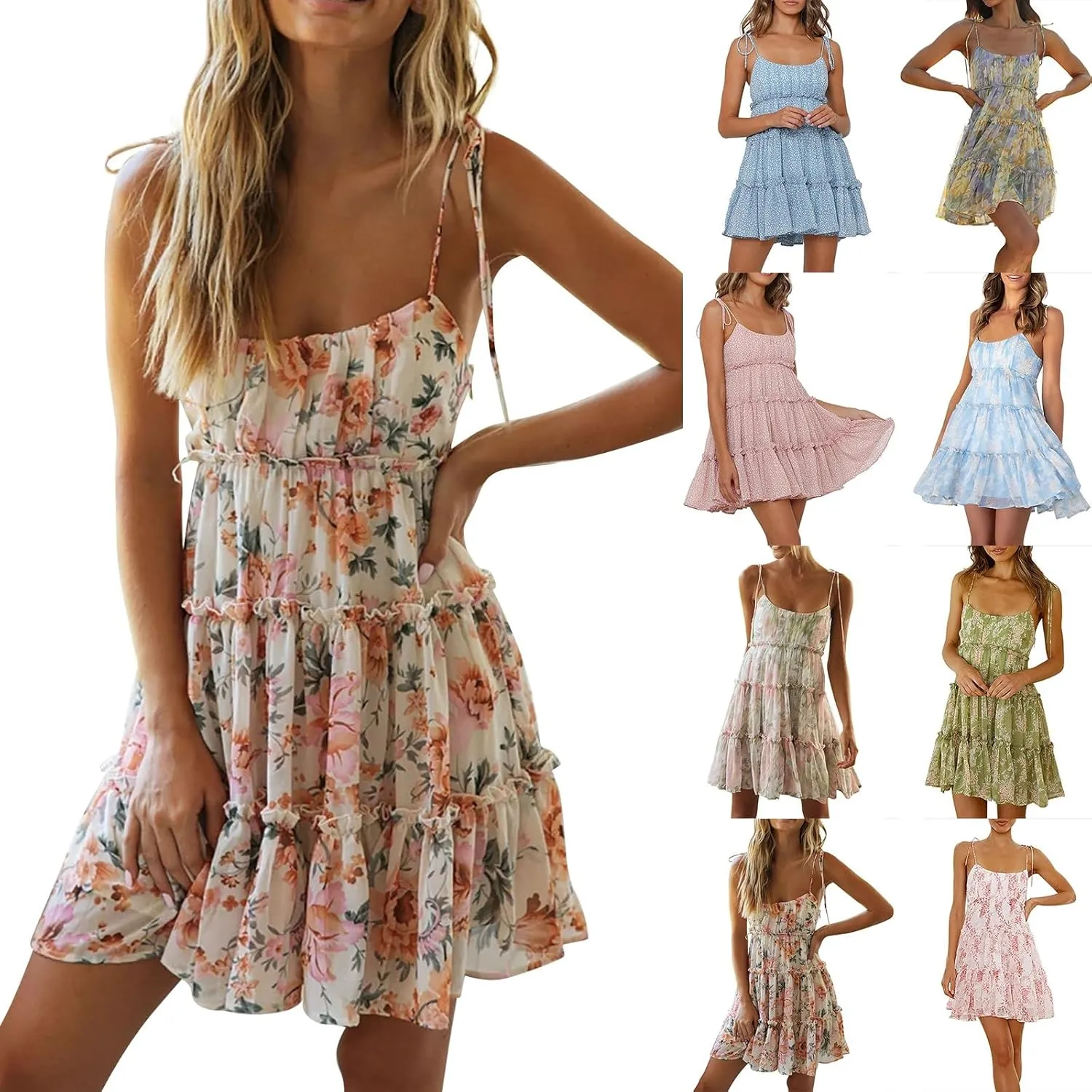Floral Sun Dresses for Women 2025 Summer Ruffle Tiered Flowy Mini Dress Sleeveless Spaghetti Straps Boho Beach Dress