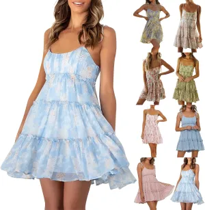 Floral Sun Dresses for Women 2025 Summer Ruffle Tiered Flowy Mini Dress Sleeveless Spaghetti Straps Boho Beach Dress