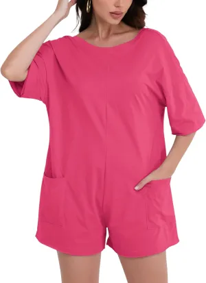 FLORENCE IISA Rompers for Women 2024 Casual Sumer Short Sleeve Oversized Athletic Romper Hot Shot Tee Romper with Pockets