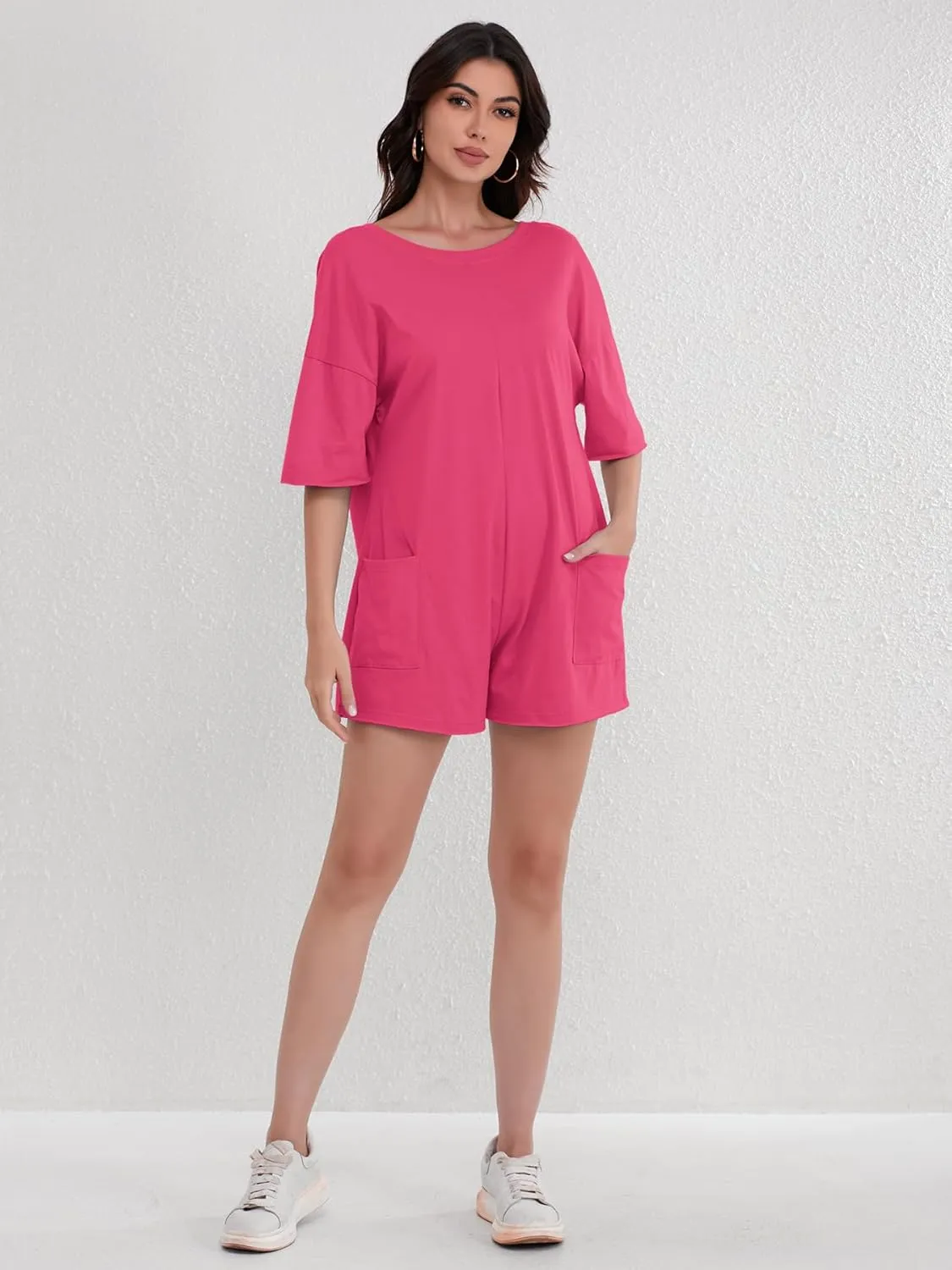 FLORENCE IISA Rompers for Women 2024 Casual Sumer Short Sleeve Oversized Athletic Romper Hot Shot Tee Romper with Pockets