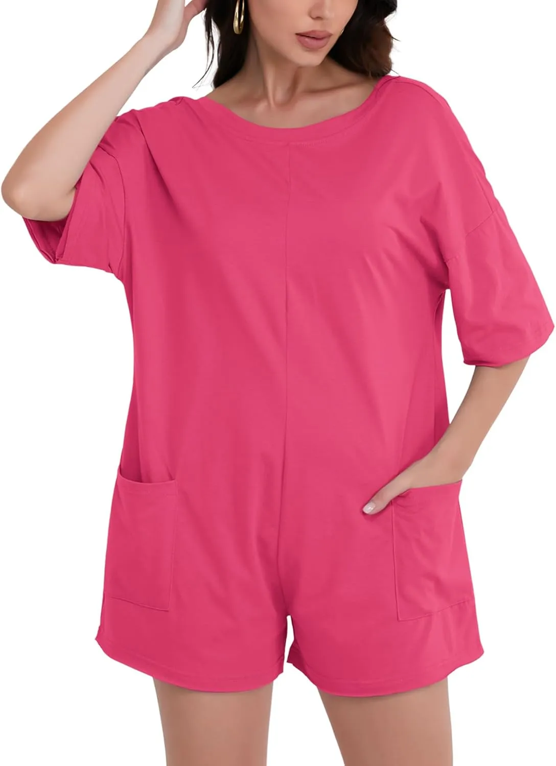 FLORENCE IISA Rompers for Women 2024 Casual Sumer Short Sleeve Oversized Athletic Romper Hot Shot Tee Romper with Pockets