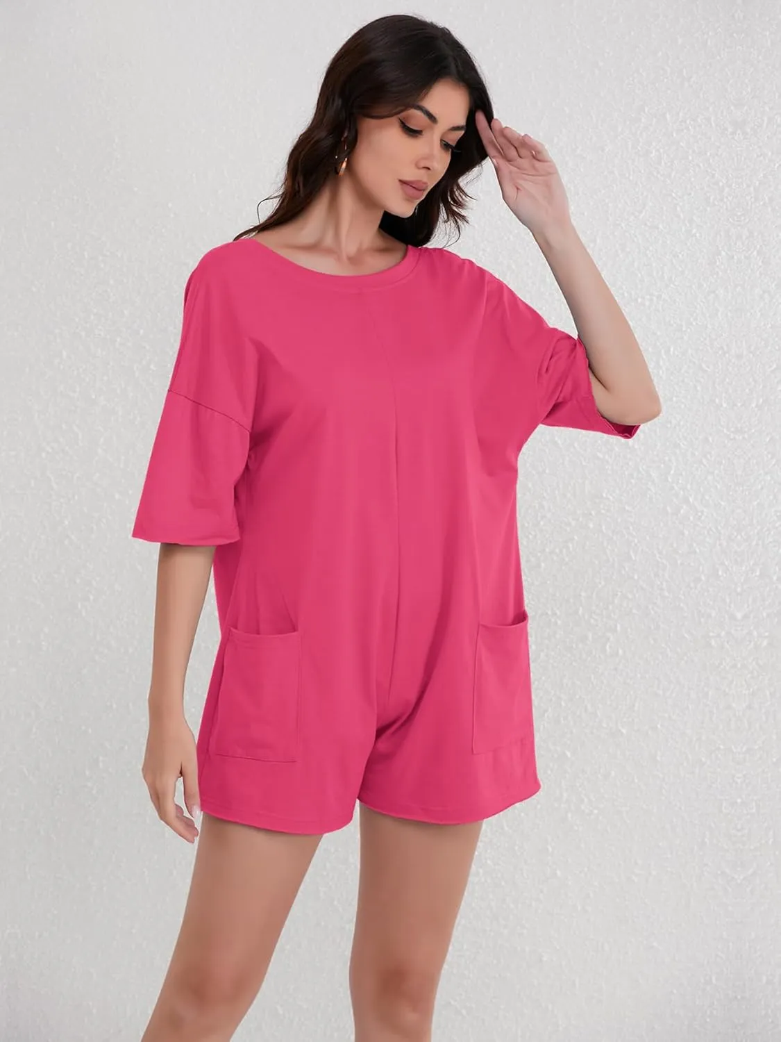 FLORENCE IISA Rompers for Women 2024 Casual Sumer Short Sleeve Oversized Athletic Romper Hot Shot Tee Romper with Pockets