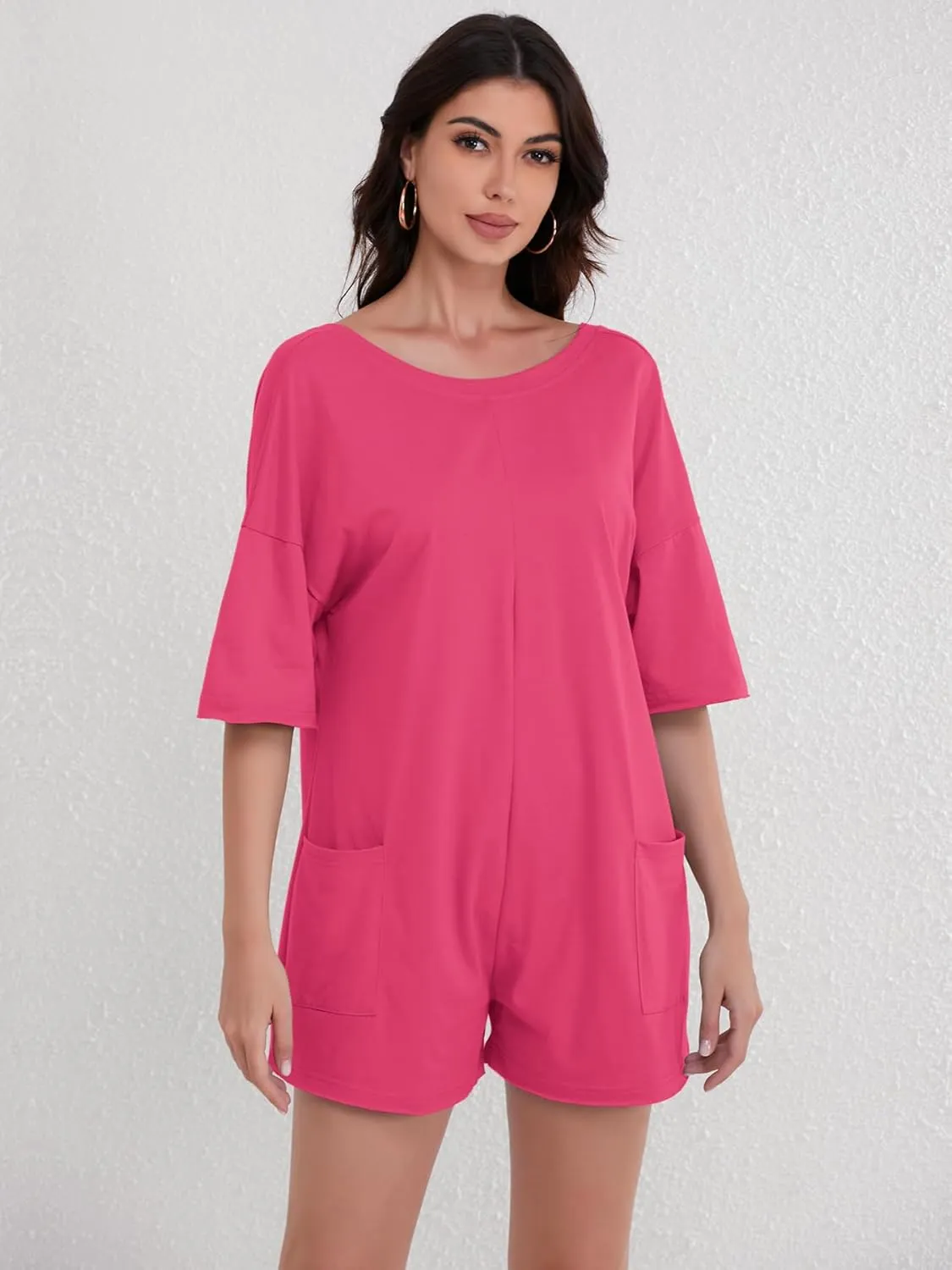 FLORENCE IISA Rompers for Women 2024 Casual Sumer Short Sleeve Oversized Athletic Romper Hot Shot Tee Romper with Pockets