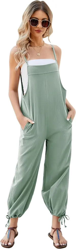 Flygo Women's Fashion Cotton Linen Overalls Loose Fit Sleeveless Straps Wide Leg Baggy Jumpsuit Rompers