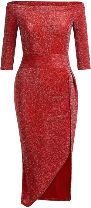 Formal Dresses for Women,2024 Summer Elegant Bodycon Party Dress,Trendy Off Shoulder Ruched High Slit Cocktail Dress