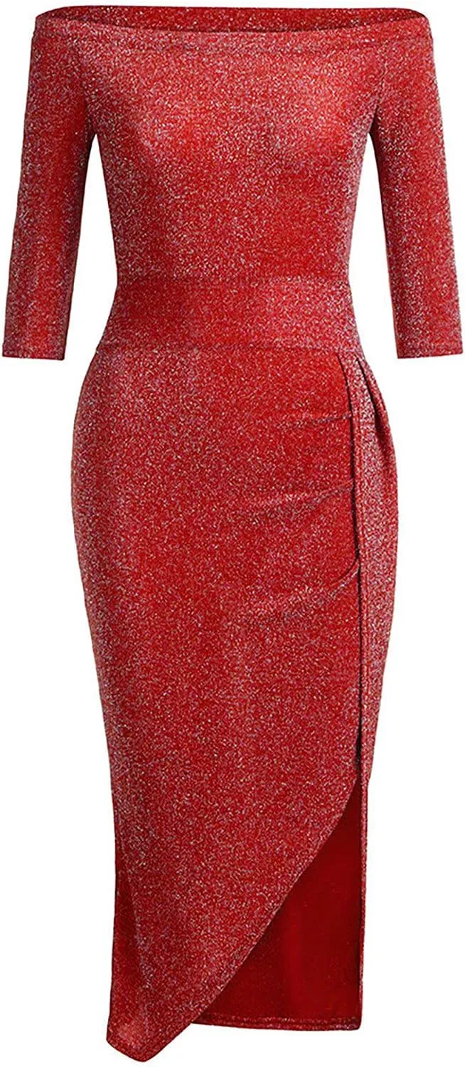 Formal Dresses for Women,2024 Summer Elegant Bodycon Party Dress,Trendy Off Shoulder Ruched High Slit Cocktail Dress