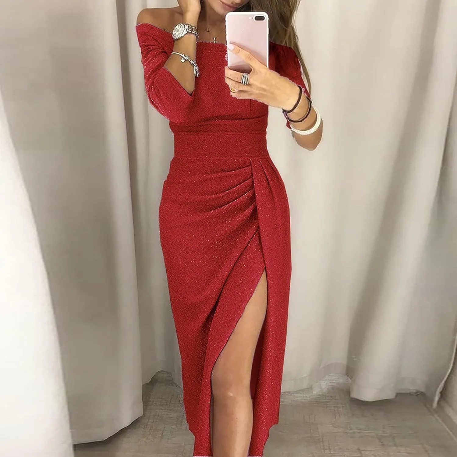 Formal Dresses for Women,2024 Summer Elegant Bodycon Party Dress,Trendy Off Shoulder Ruched High Slit Cocktail Dress