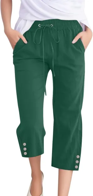 FZVYD Capri Pants for Women Casual 2024 Summer Drawstring Elastic High Waist Linen Pant Straight Wide Leg Cropped Trouser